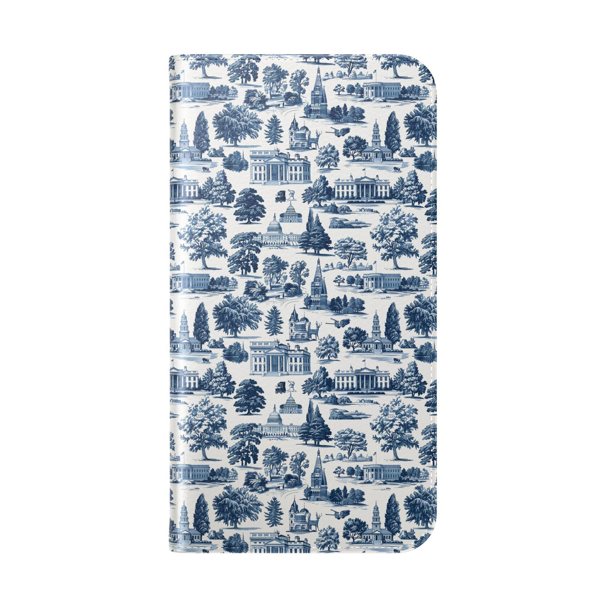 Vintage Toile Flip Phone Case — Blue Scenic Wallet Cover with Card Slots