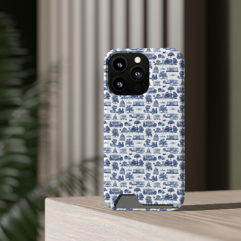 Blue Toile Phone Card Case — Vintage Scenic Pattern Phone Case with Card Holder