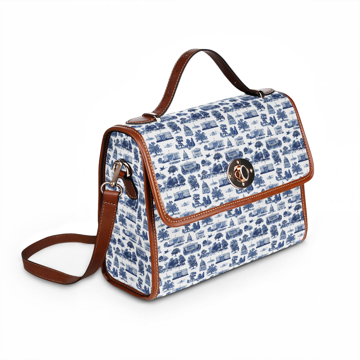 Blue Toile Waterproof Canvas Bag — Vintage Scenic Print Crossbody Tote