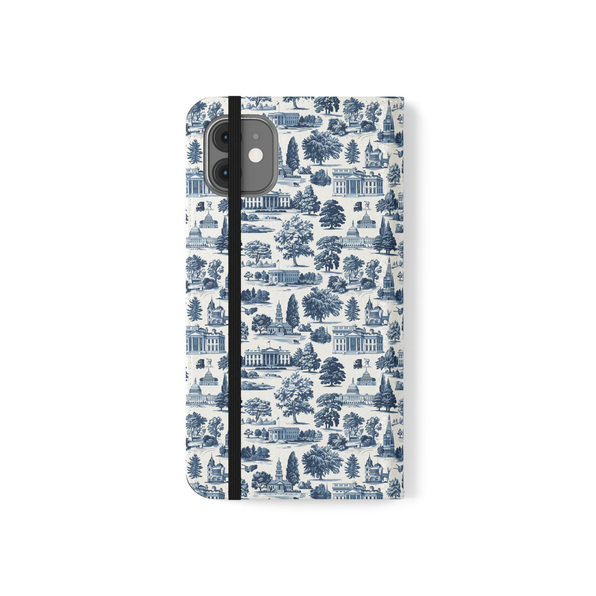 Vintage Toile Flip Phone Case — Blue Scenic Wallet Cover with Card Slots