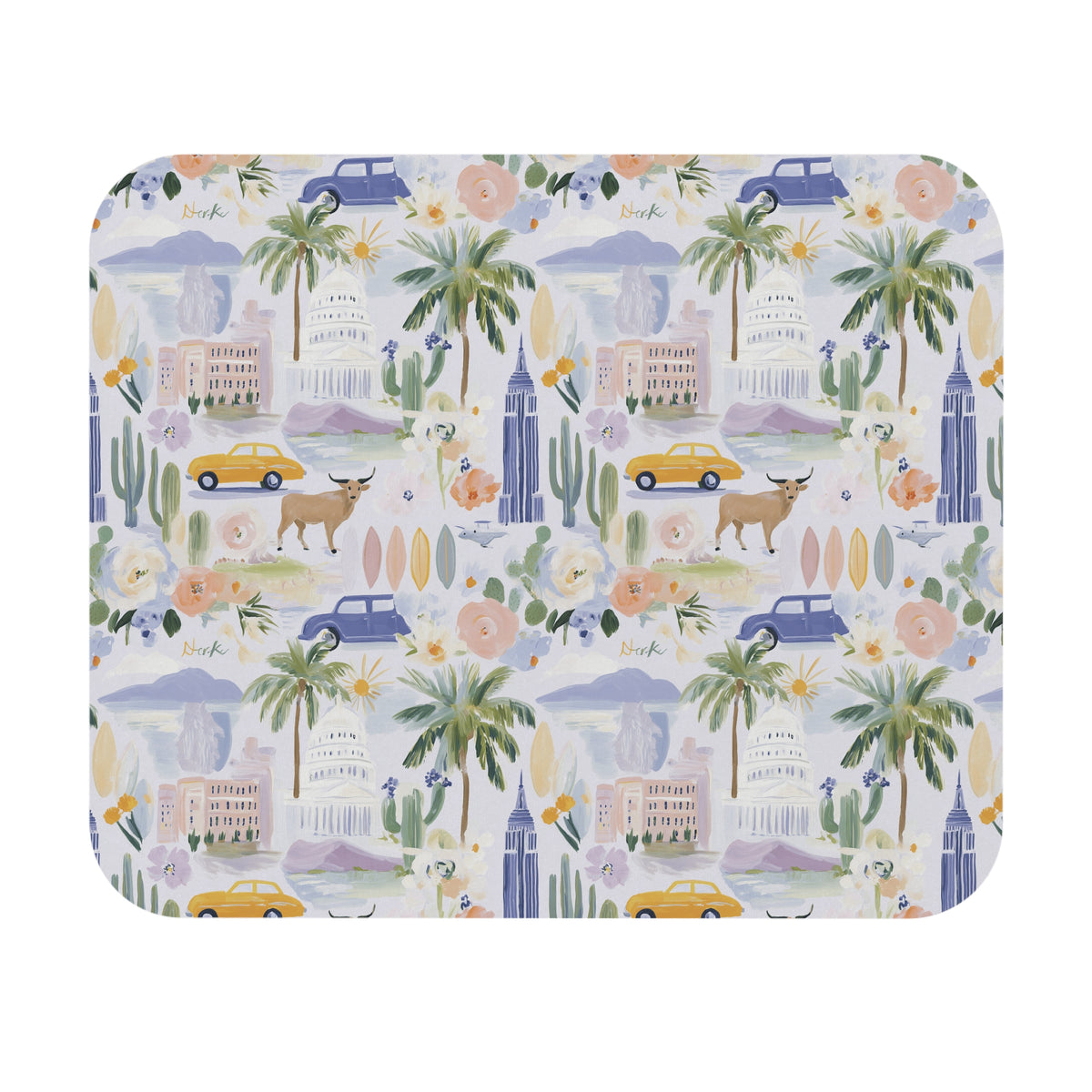 California Watercolor Pattern Rectangle Mouse Pad — Palm Trees, Retro Cars & Coastal Icons