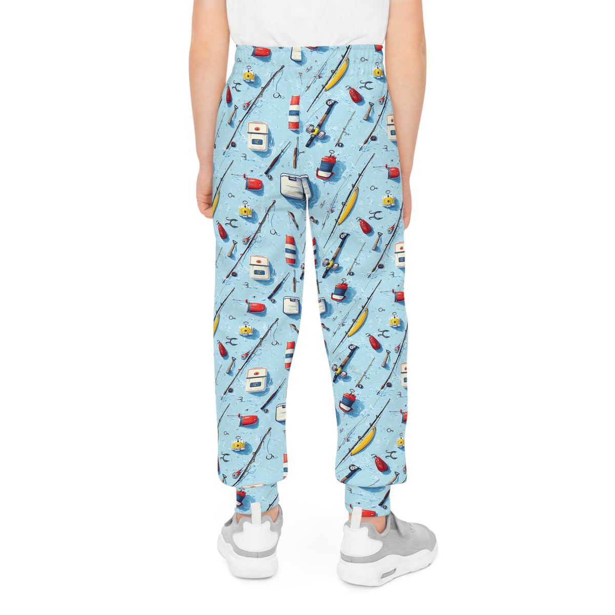 Kids Fishing Joggers — Blue All-Over-Print Fishing Gear Pattern