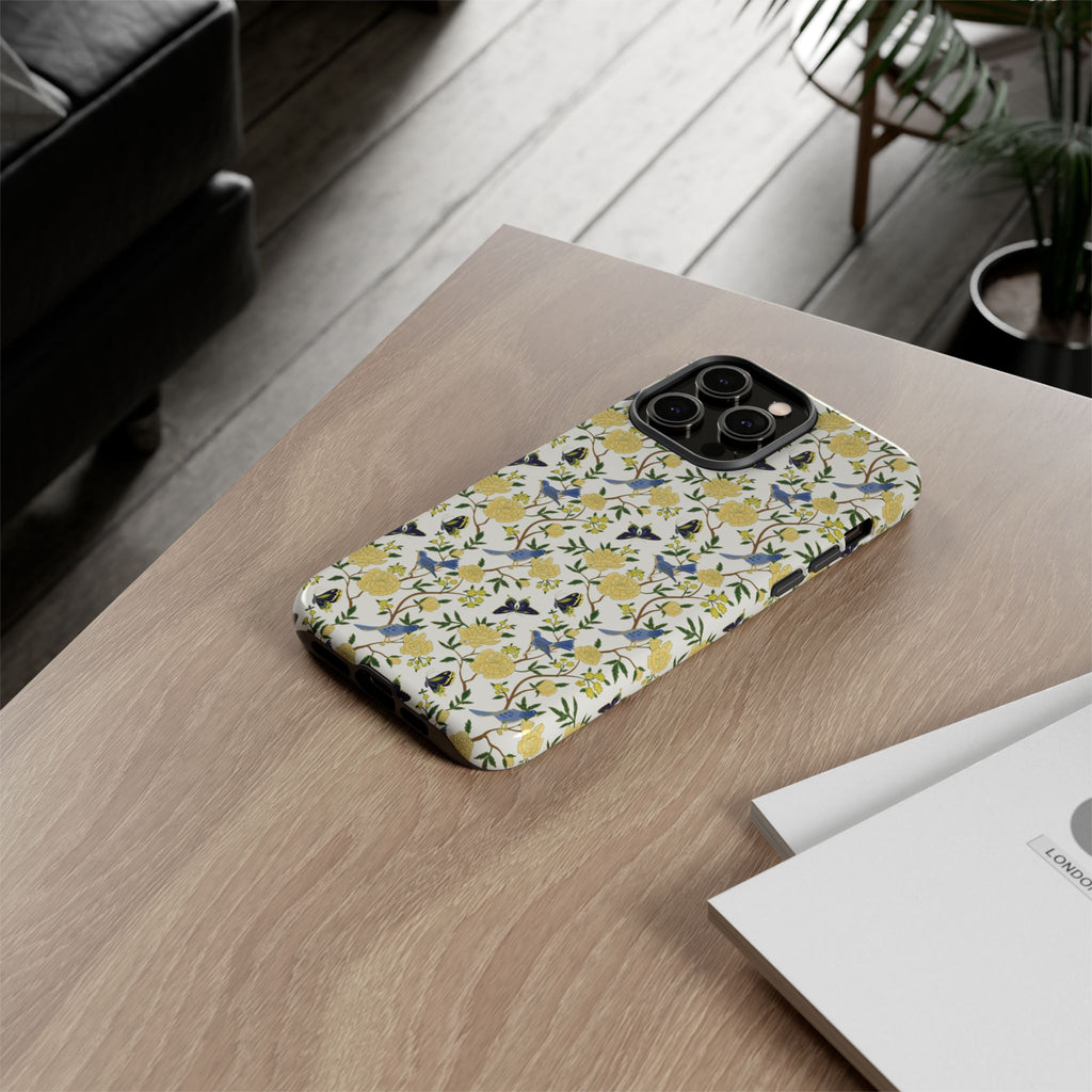 Floral Bird Tough Phone Case — Yellow Rose Pattern, Slim Protective iPhone Cover