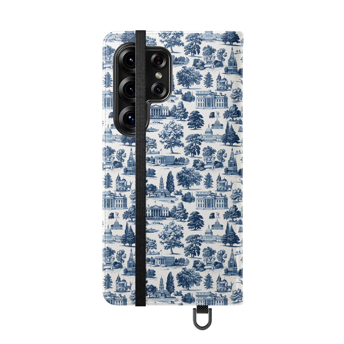 Vintage Toile Flip Phone Case — Blue Scenic Wallet Cover with Card Slots
