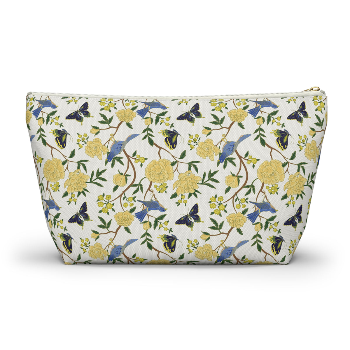 Floral Bird Accessory Pouch — Yellow Rose & Bluebird Cosmetic Bag