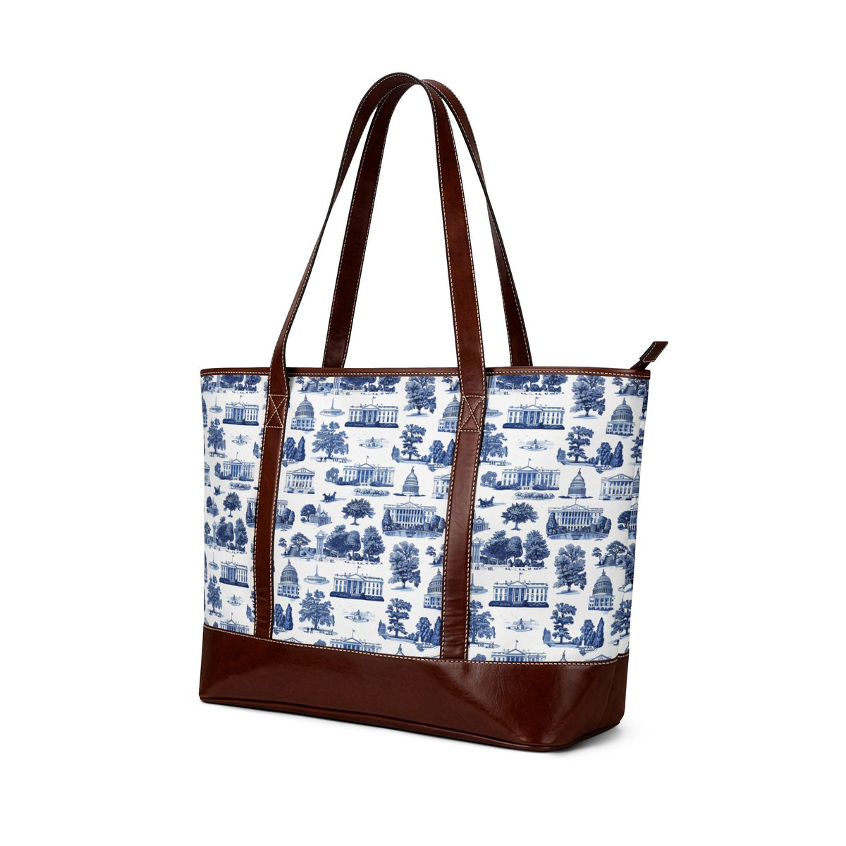 Chinoiserie Blue Toile Tote Handbag — Classic Scenic Print Shoulder Bag