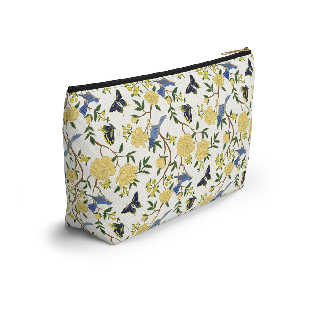Floral Bird Accessory Pouch — Yellow Rose & Bluebird Cosmetic Bag