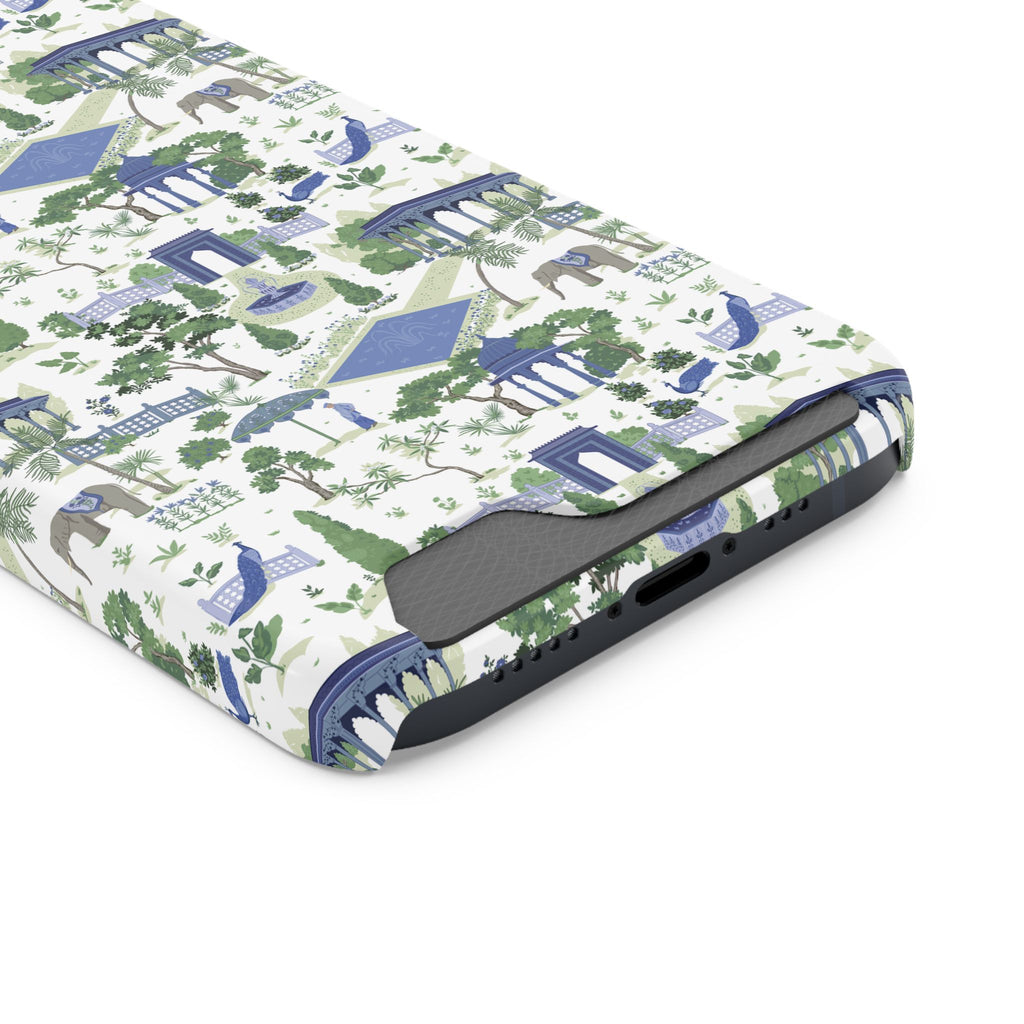 Garden Pavilion Cardholder Phone Case — Blue & Green Scenic Park Design