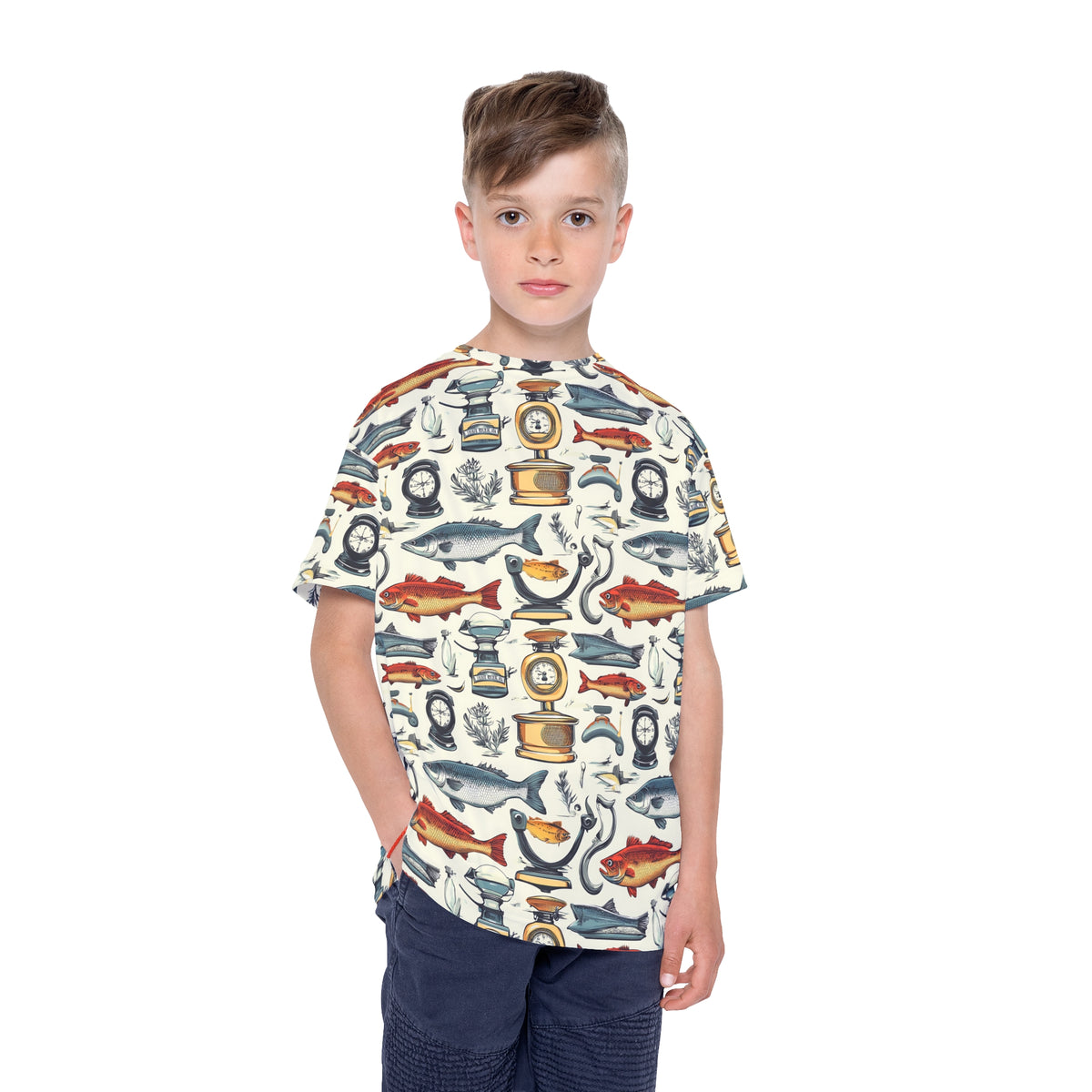 Kids Fishing Pattern Jersey — All-Over Print Fish & Nautical Gear Tee