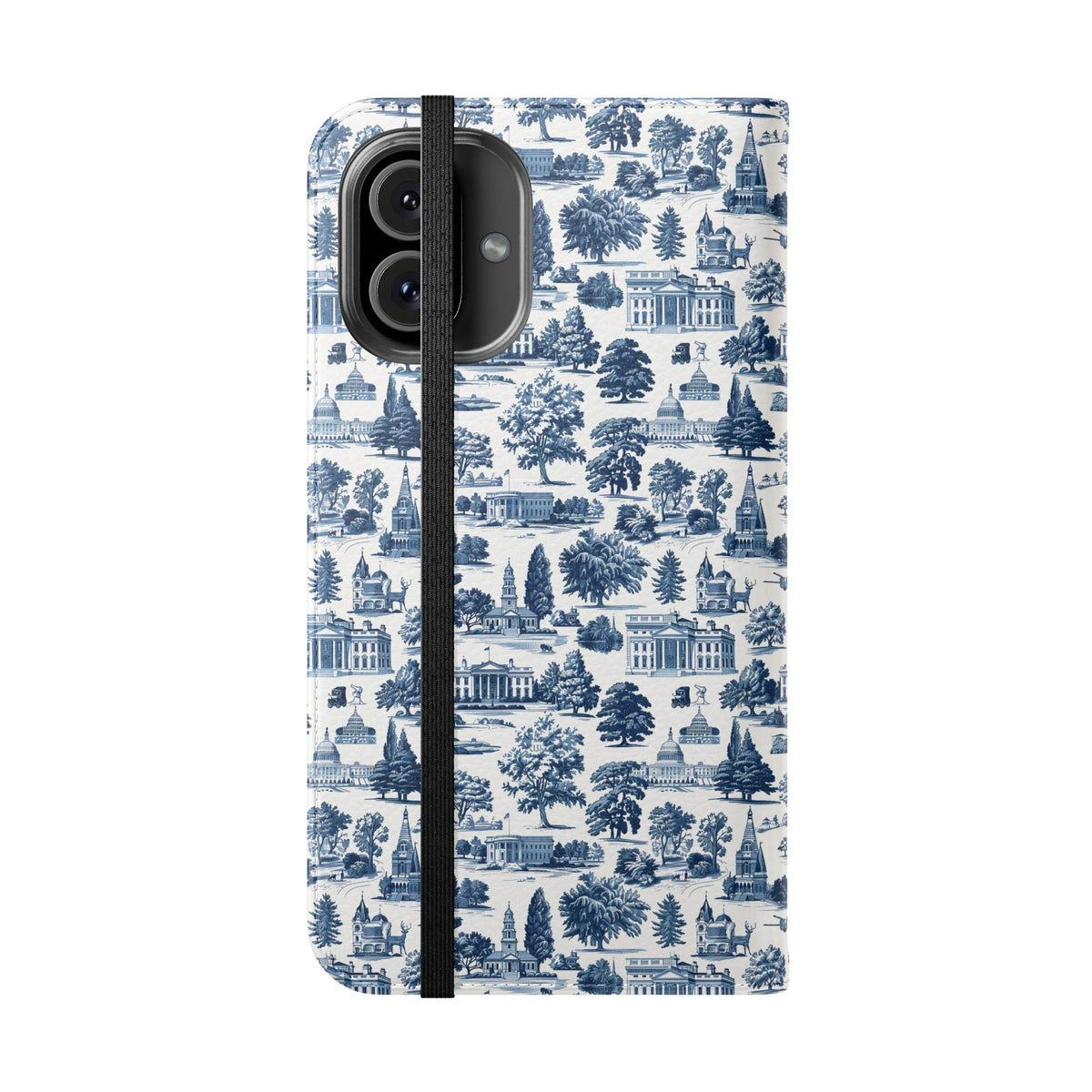 Vintage Toile Flip Phone Case — Blue Scenic Wallet Cover with Card Slots