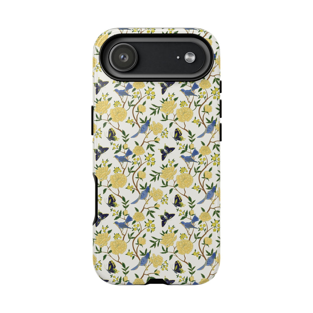 Floral Bird Tough Phone Case — Yellow Rose Pattern, Slim Protective iPhone Cover
