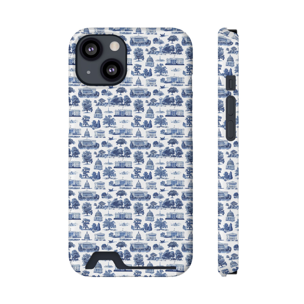 Blue Toile Phone Card Case — Vintage Scenic Pattern Phone Case with Card Holder