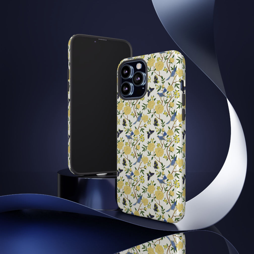 Floral Bird Tough Phone Case — Yellow Rose Pattern, Slim Protective iPhone Cover
