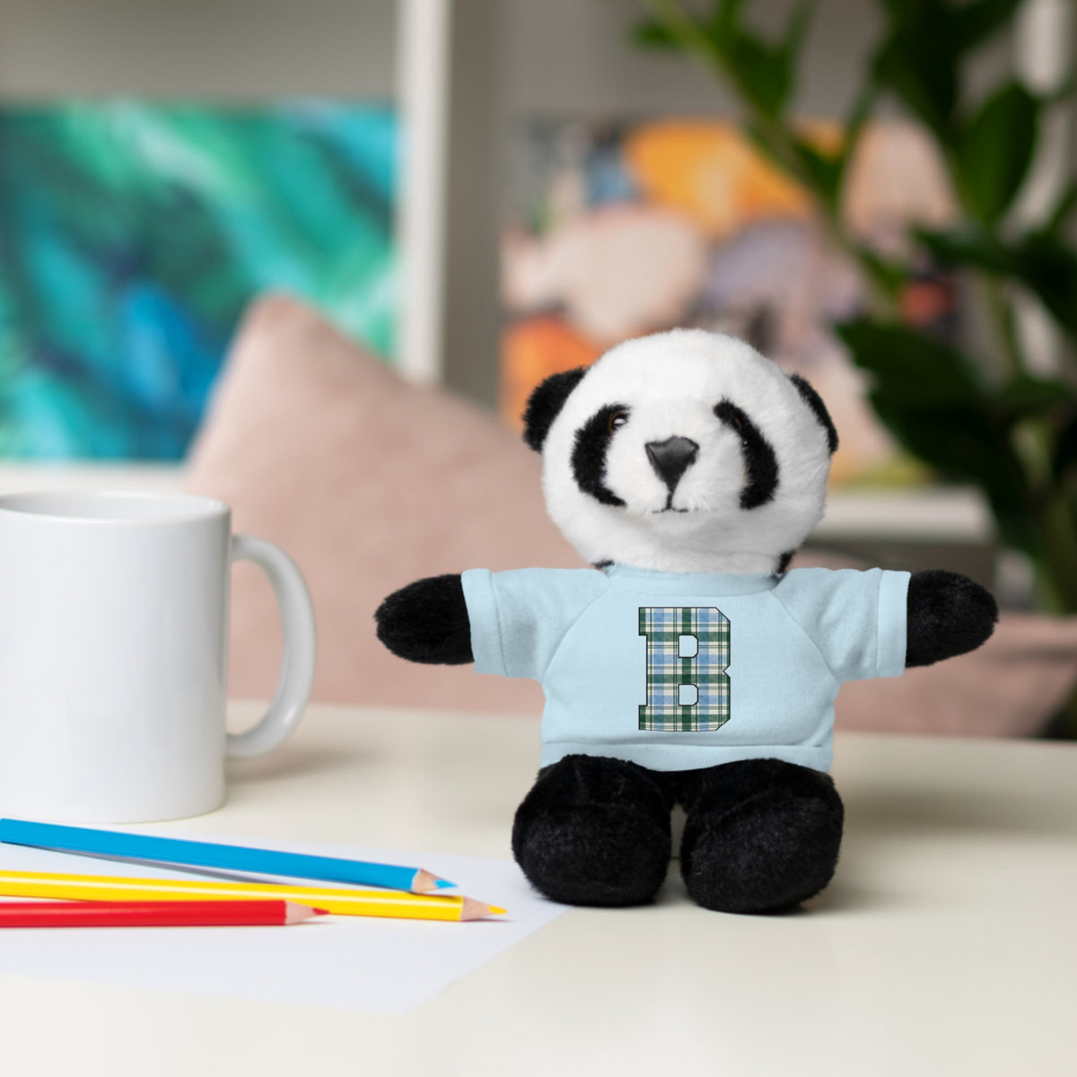 Plush Bear with Plaid Monogram Tee — Personalized Initial 'B' Stuffed Animal Gift