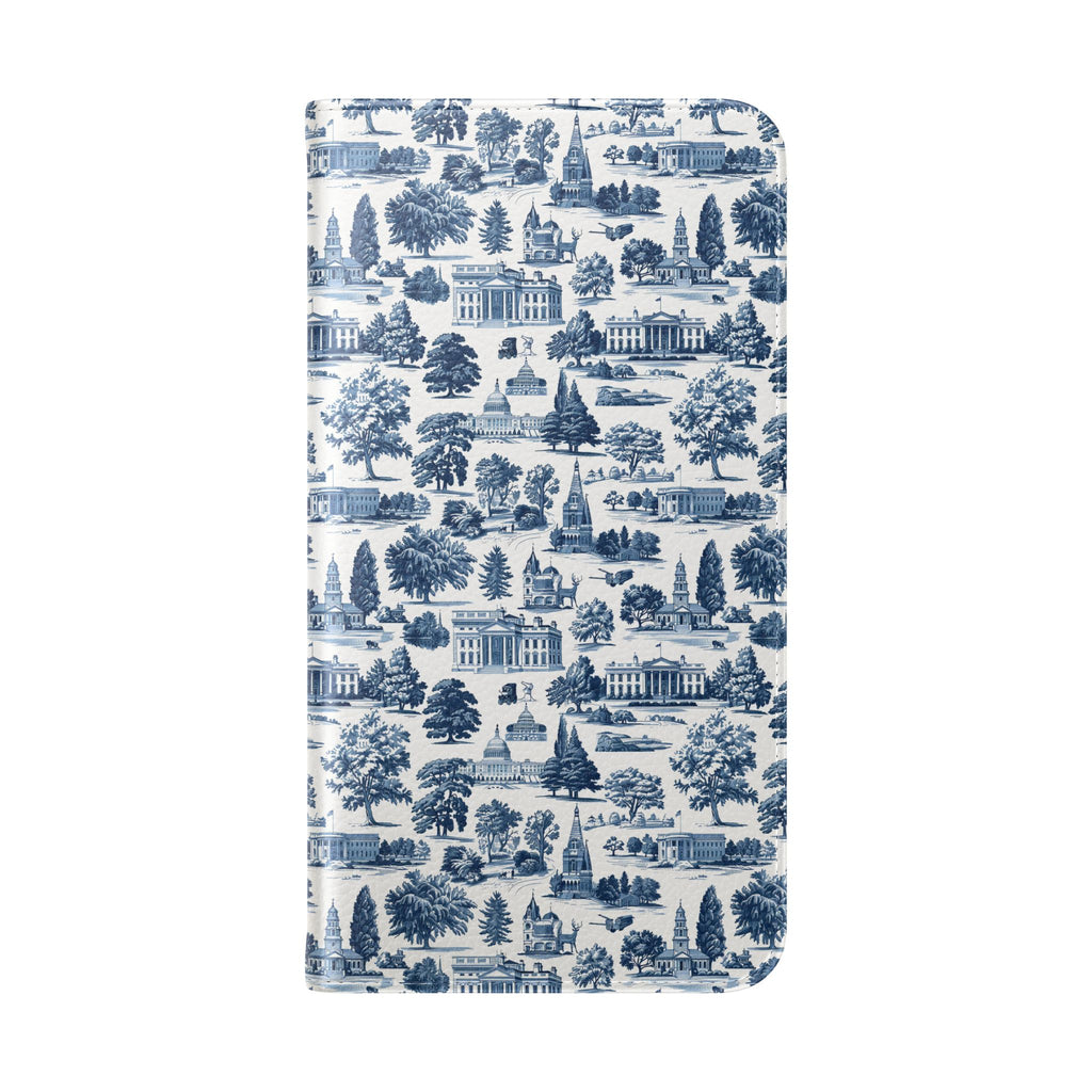 Vintage Toile Flip Phone Case — Blue Scenic Wallet Cover with Card Slots