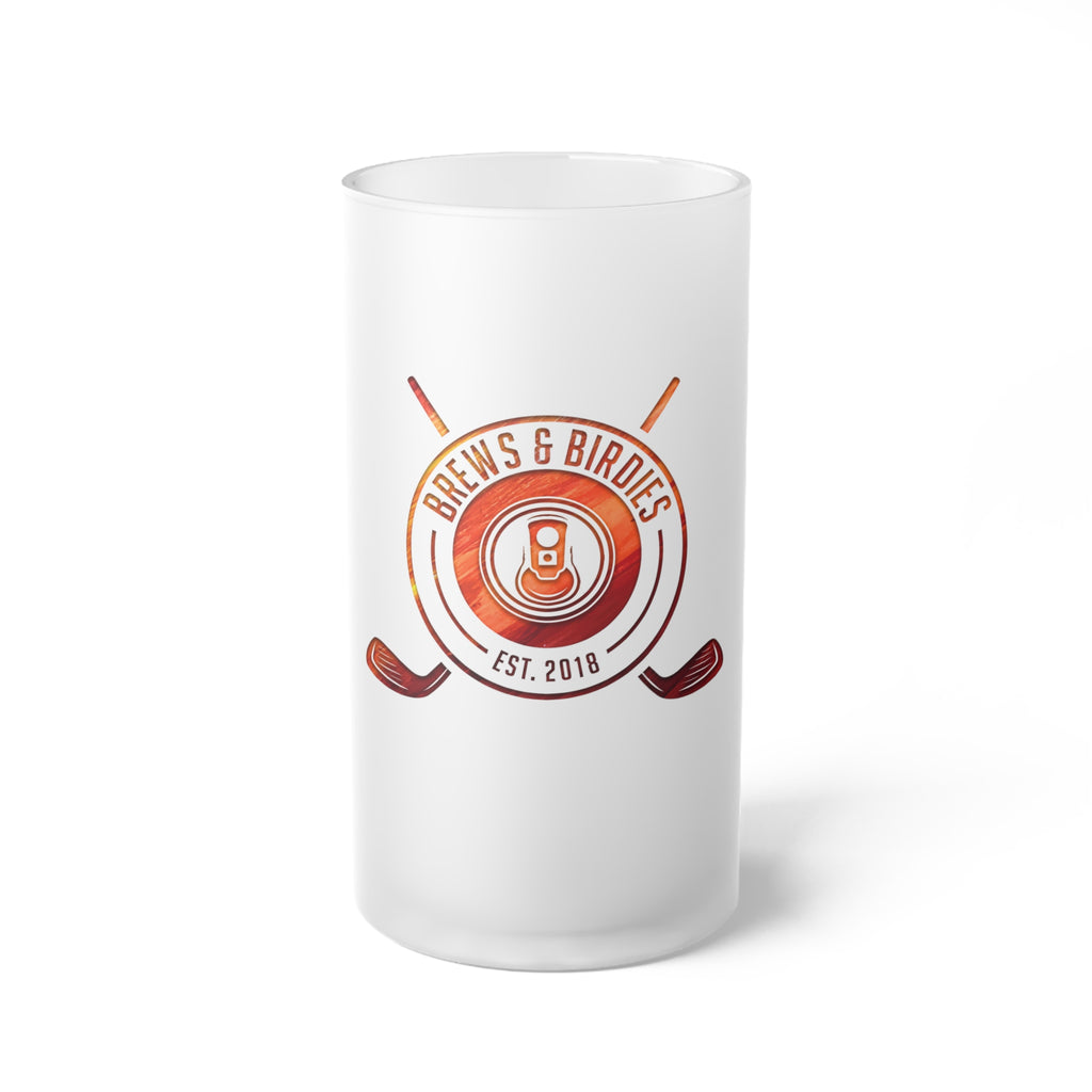 Frosted Glass Beer Mug — "Brews & Birdies" Golf Logo Pint (Est. 2018)