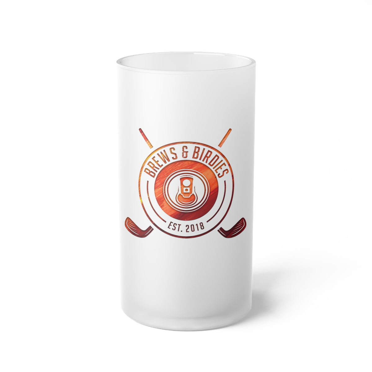 Frosted Glass Beer Mug — "Brews & Birdies" Golf Logo Pint (Est. 2018)