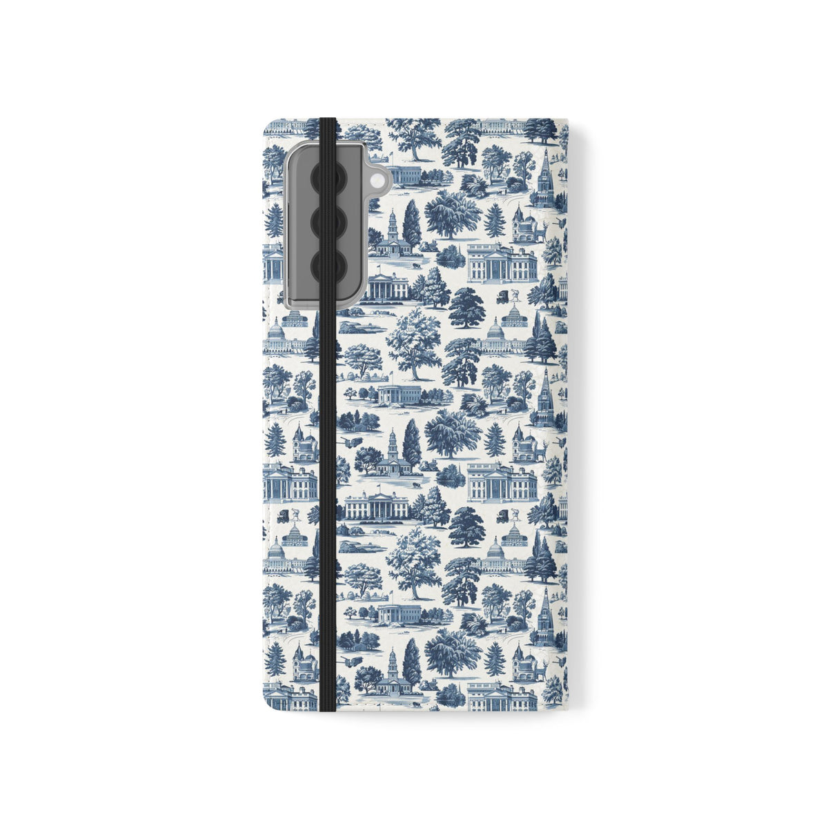 Vintage Toile Flip Phone Case — Blue Scenic Wallet Cover with Card Slots