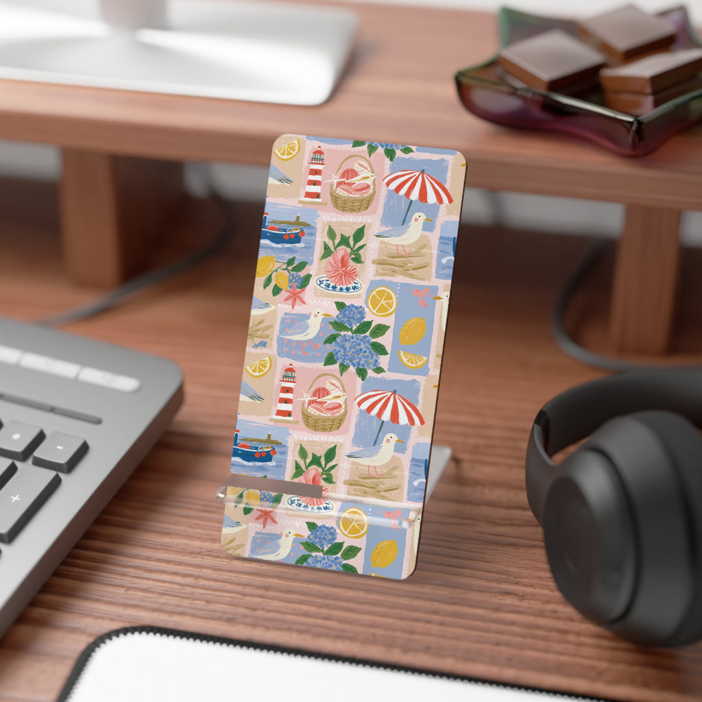 Beach Pattern Phone Stand — Foldable Mobile Display Stand with Seaside Illustration