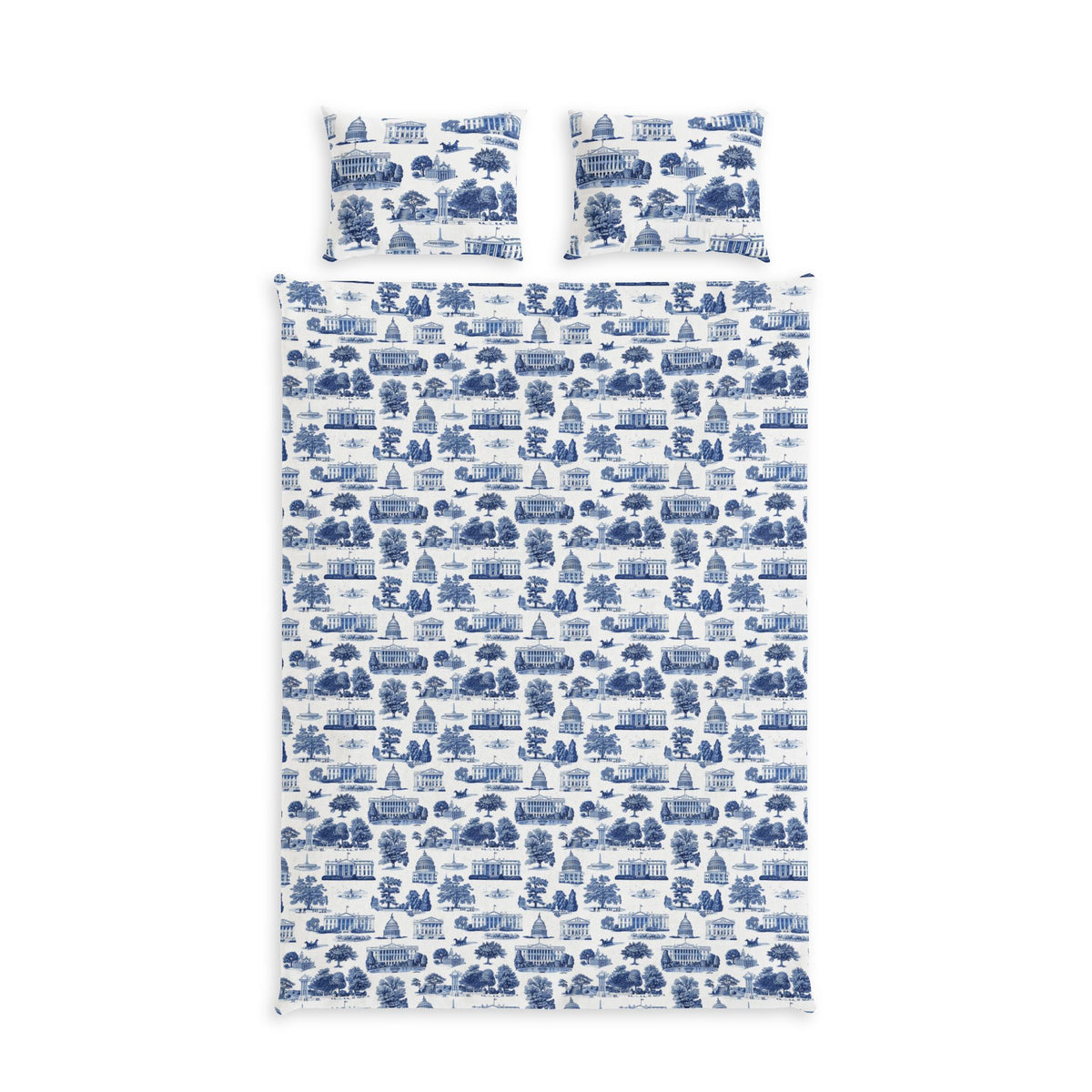 Blue Toile Cotton Bed Set — Scenic Village Print Duvet Cover & Pillowcases