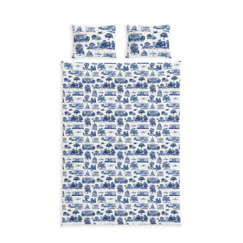 Blue Toile Cotton Bed Set — Scenic Village Print Duvet Cover & Pillowcases