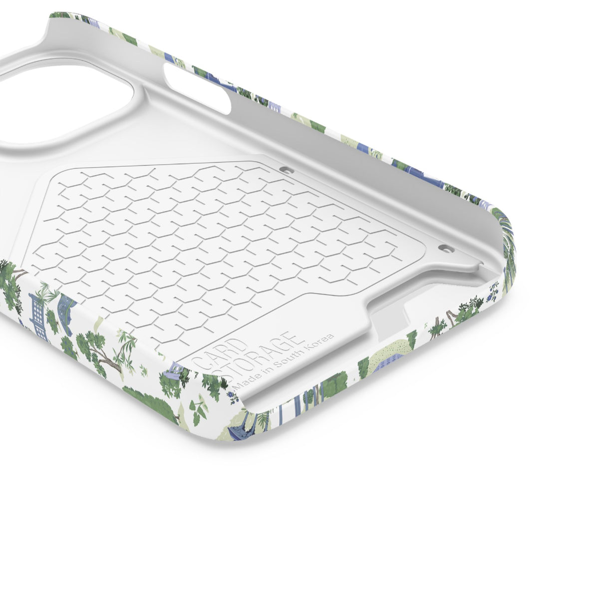 Garden Pavilion Cardholder Phone Case — Blue & Green Scenic Park Design