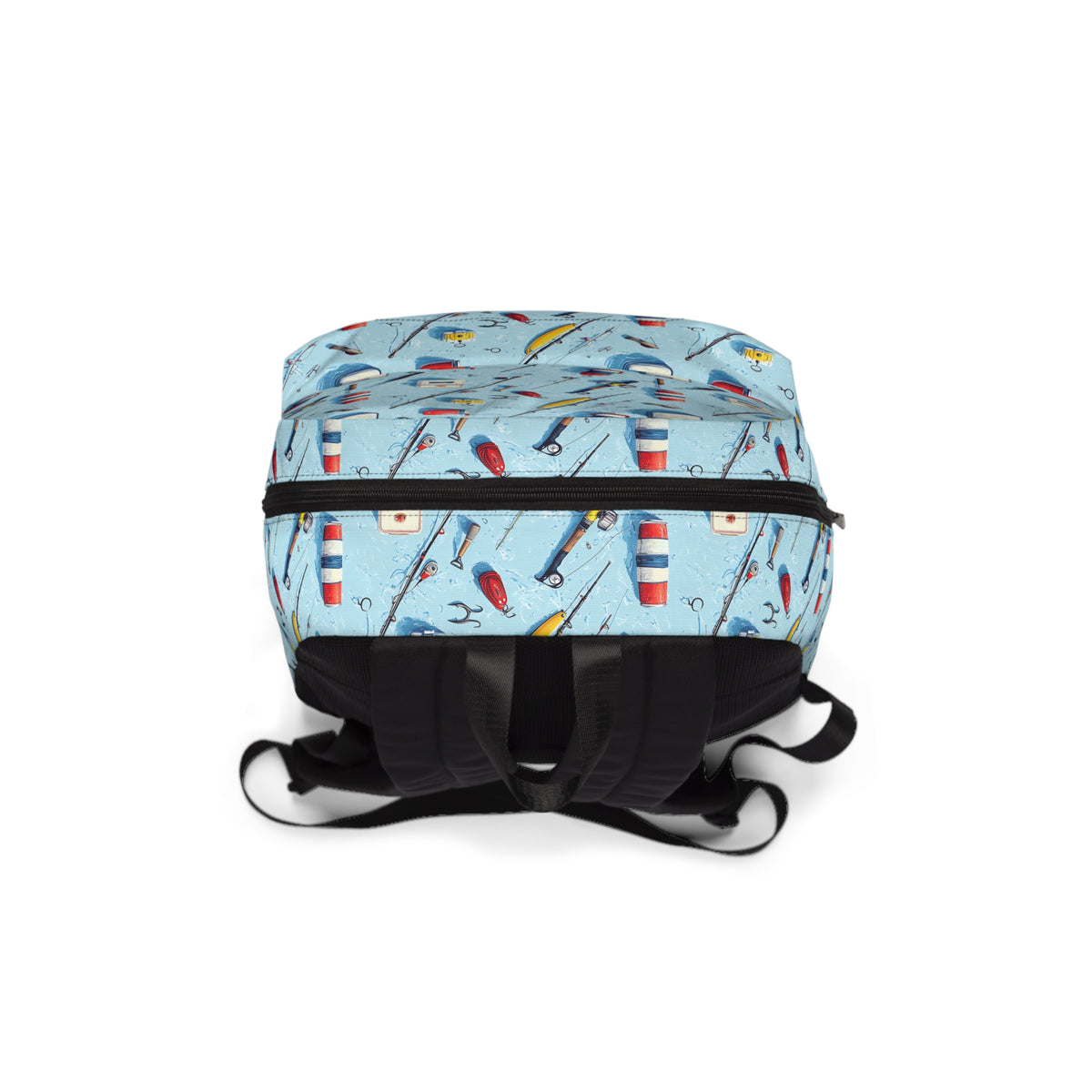 Fishing Gear Pattern Backpack — Light Blue Angler Print School & Travel Bag
