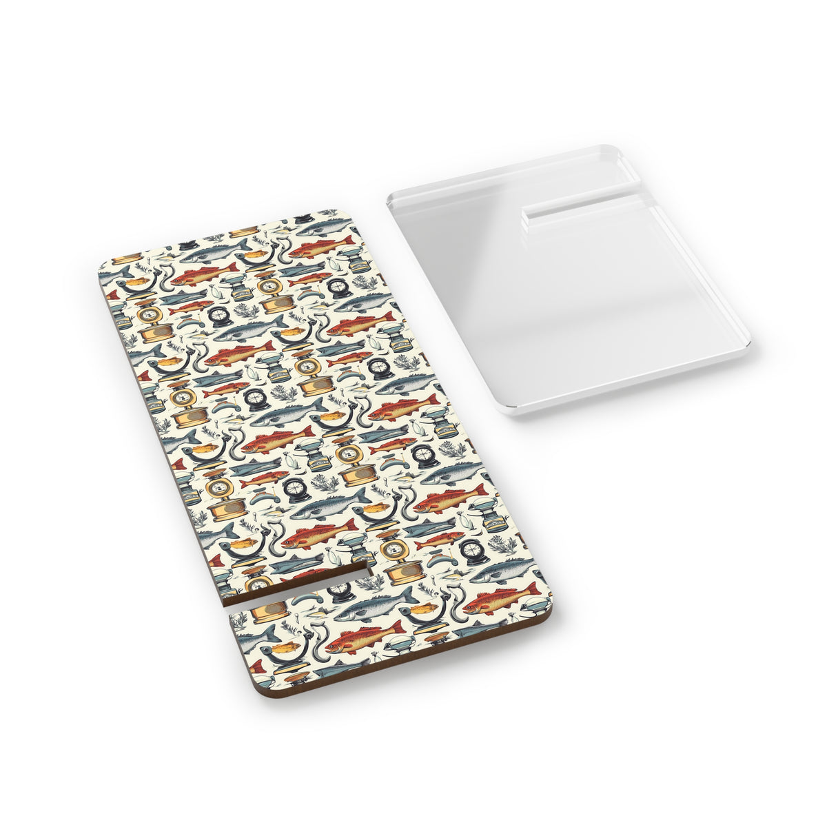 Folding Phone Stand — Vintage Fishing Pattern Mobile Display