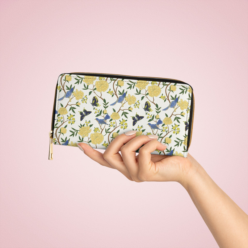 Floral Bird Zip Wallet — Yellow Blossom Garden Long Zipper Wallet
