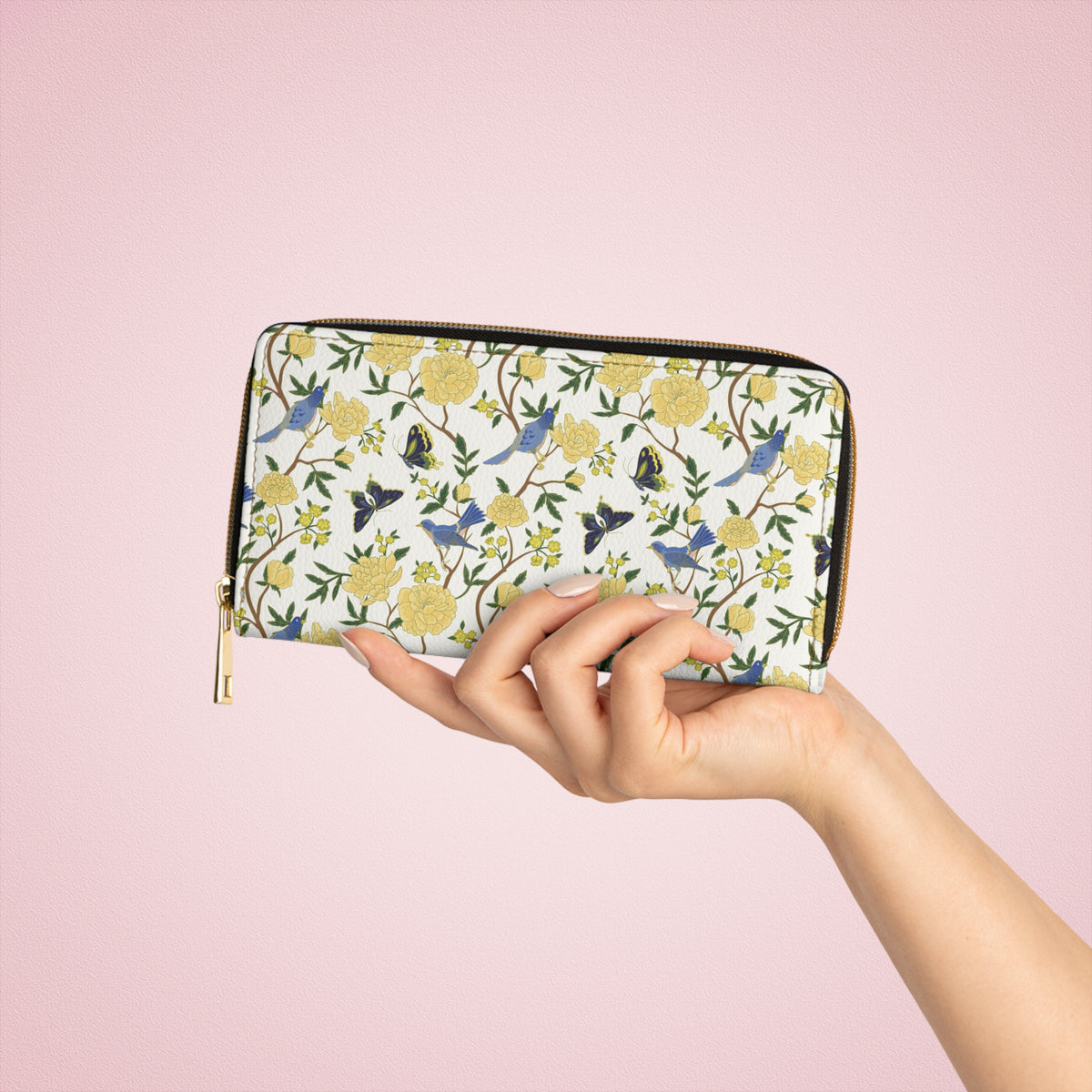 Floral Bird Zip Wallet — Yellow Blossom Garden Long Zipper Wallet