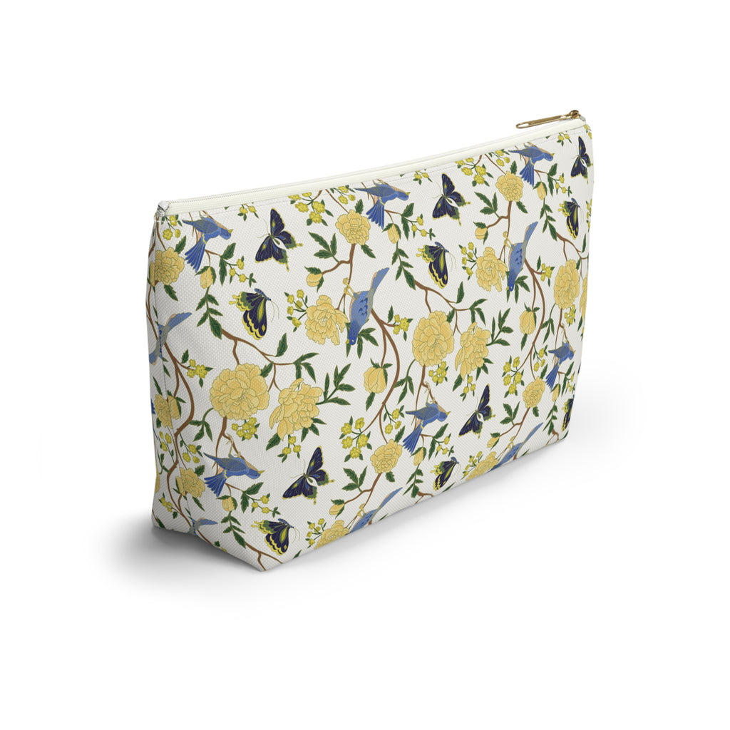 Floral Bird Accessory Pouch — Yellow Rose & Bluebird Cosmetic Bag
