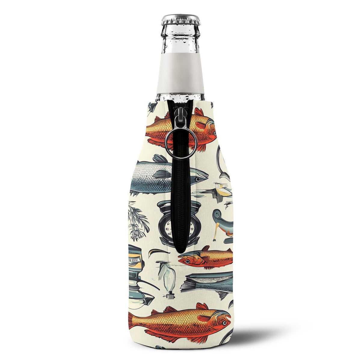 Fish Pattern Zip-Up Bottle Cooler Sleeve – Insulated Neoprene Beer Can Cooler
