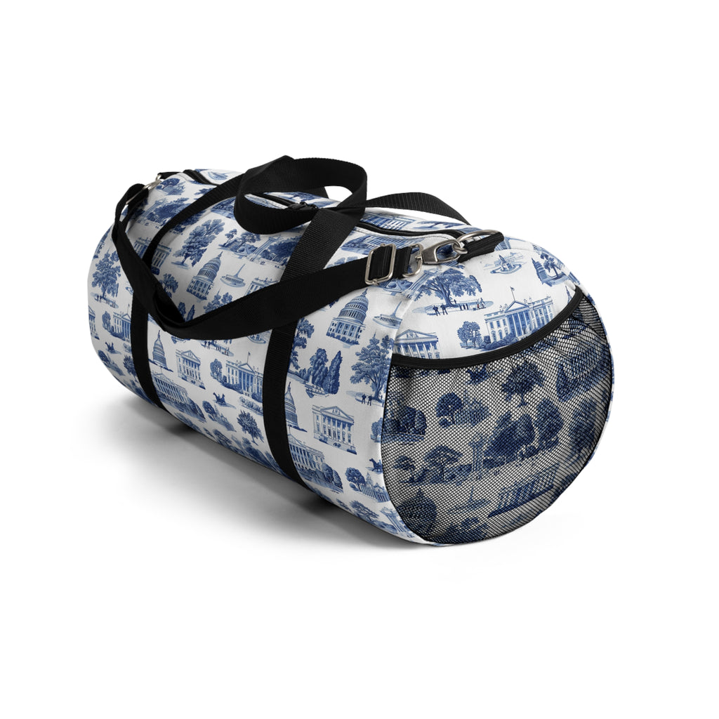 Blue Toile Travel Duffel Bag — Classic Scenic Print Weekender