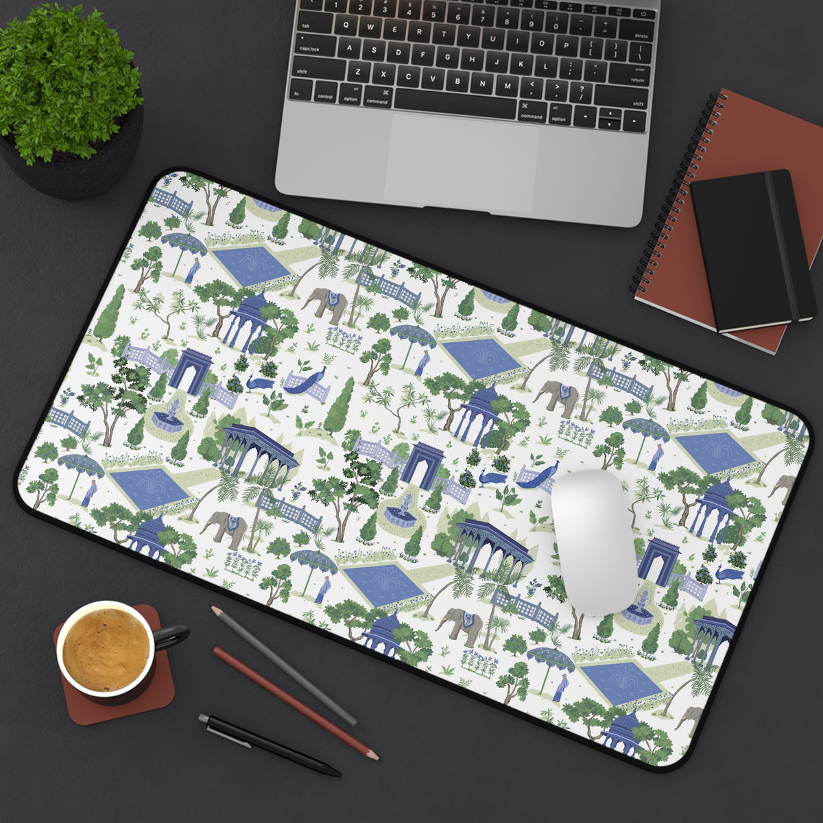 Garden Gazebo Desk Mat — Blue & Green Park Pattern Mouse Pad