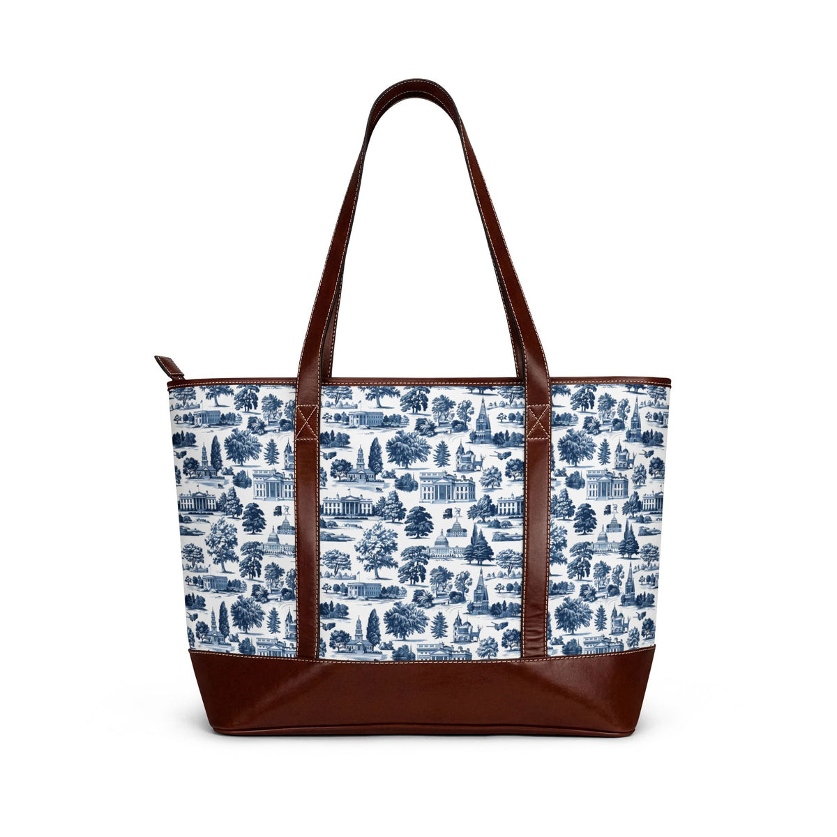 Blue Toile Leather-Trim Tote Bag