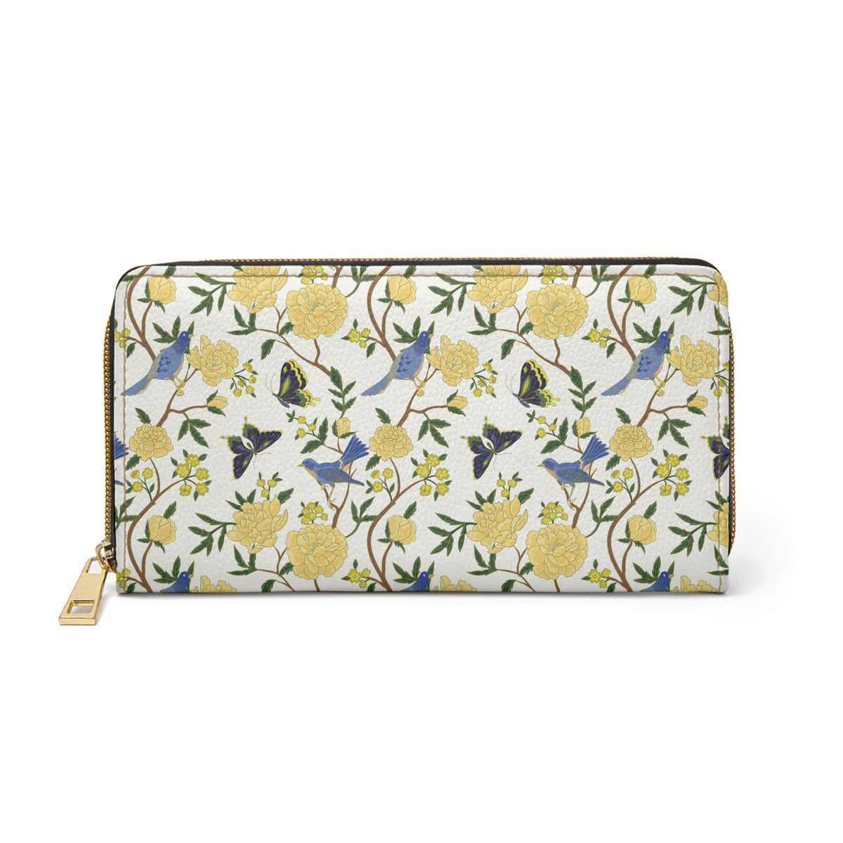 Floral Bird Zip Wallet — Yellow Blossom Garden Long Zipper Wallet