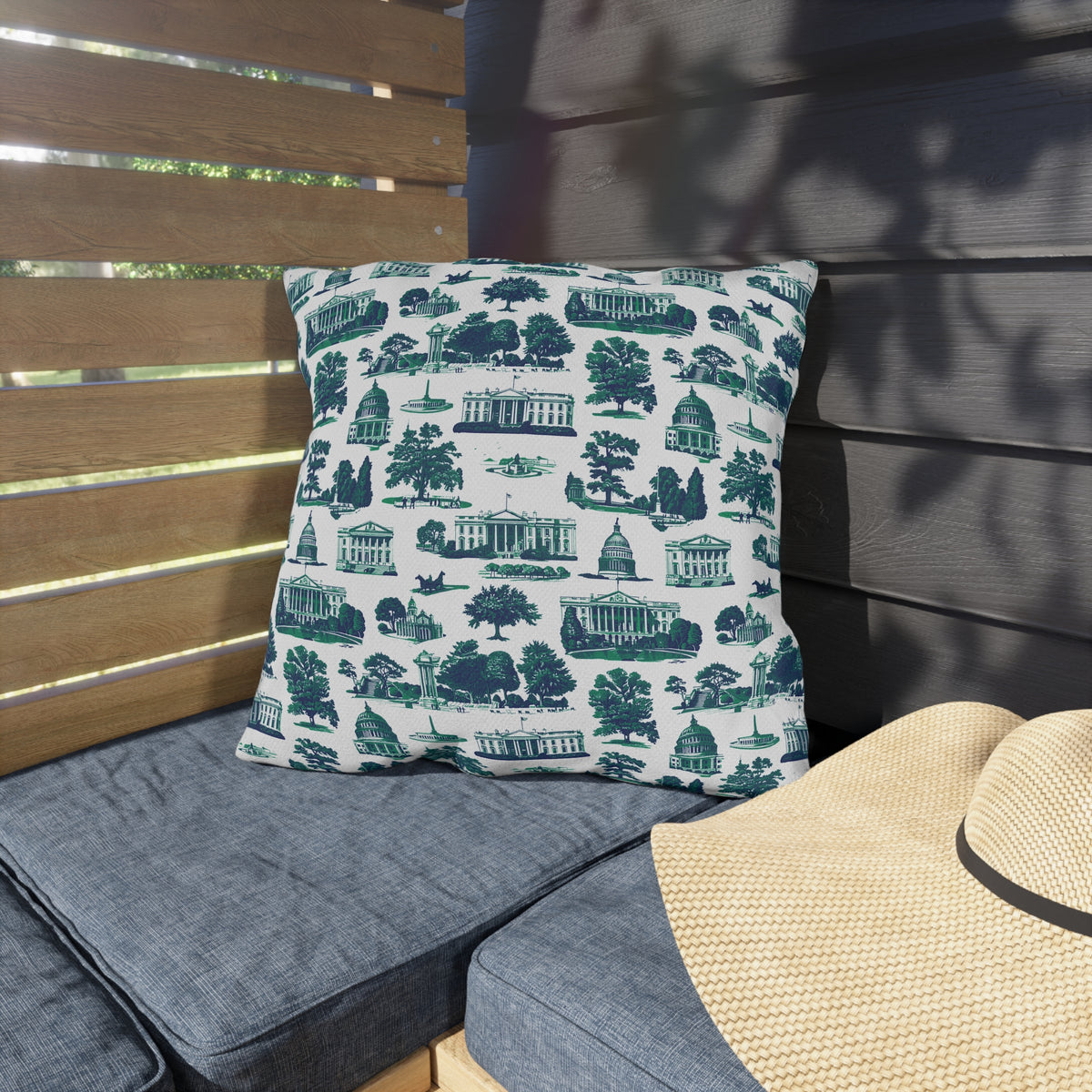 Outdoor Pillow — Blue Washington D.C. Landmark Toile Pattern