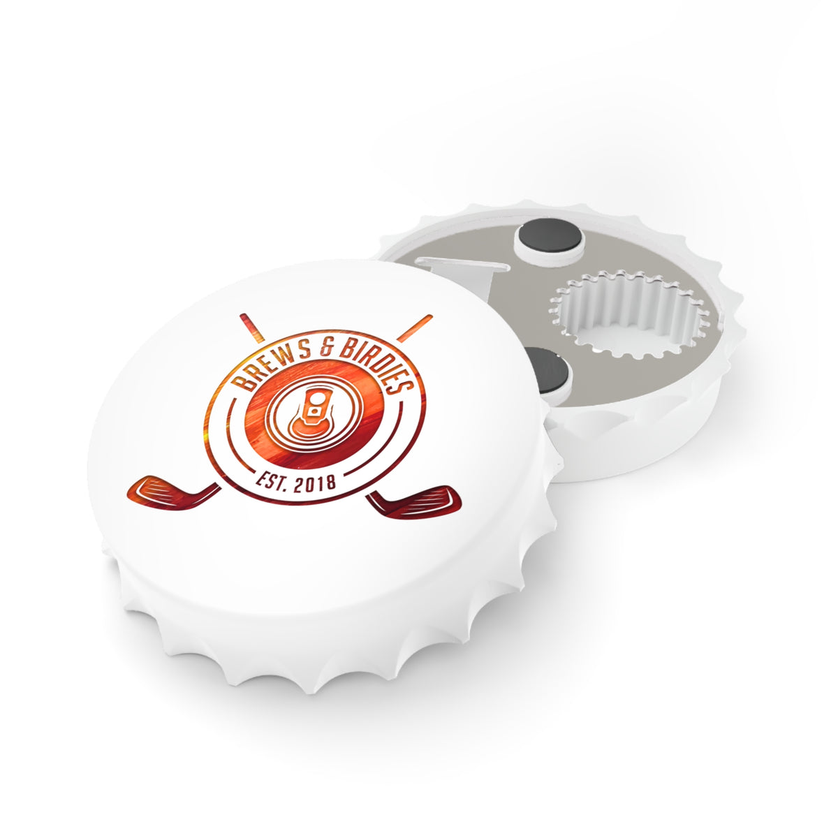 Brews & Birdies Bottle Opener — Golf Logo Magnetic Cap Opener (Est. 2018)