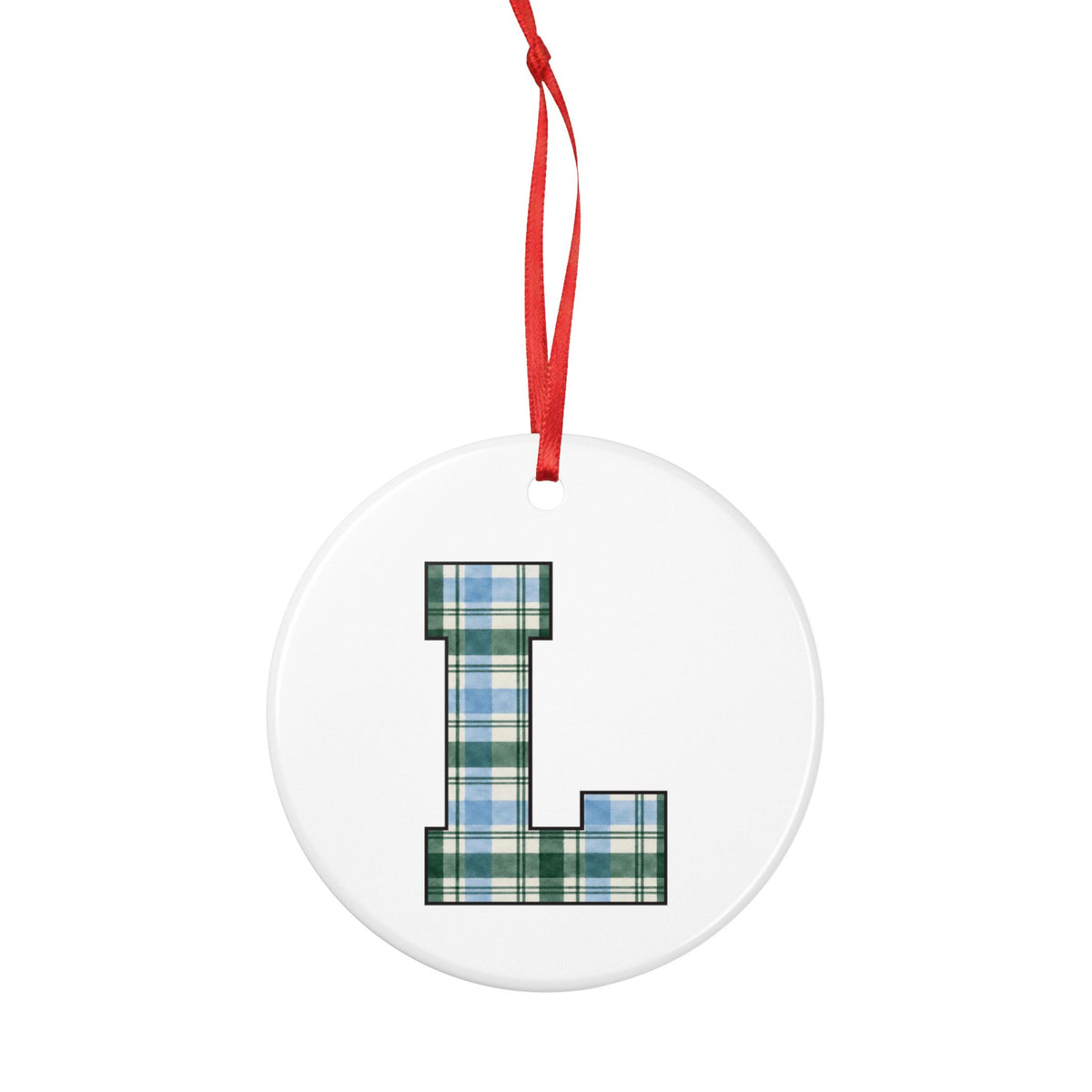 Plaid Letter L Ceramic Ornament — Monogram Initial Holiday Decoration