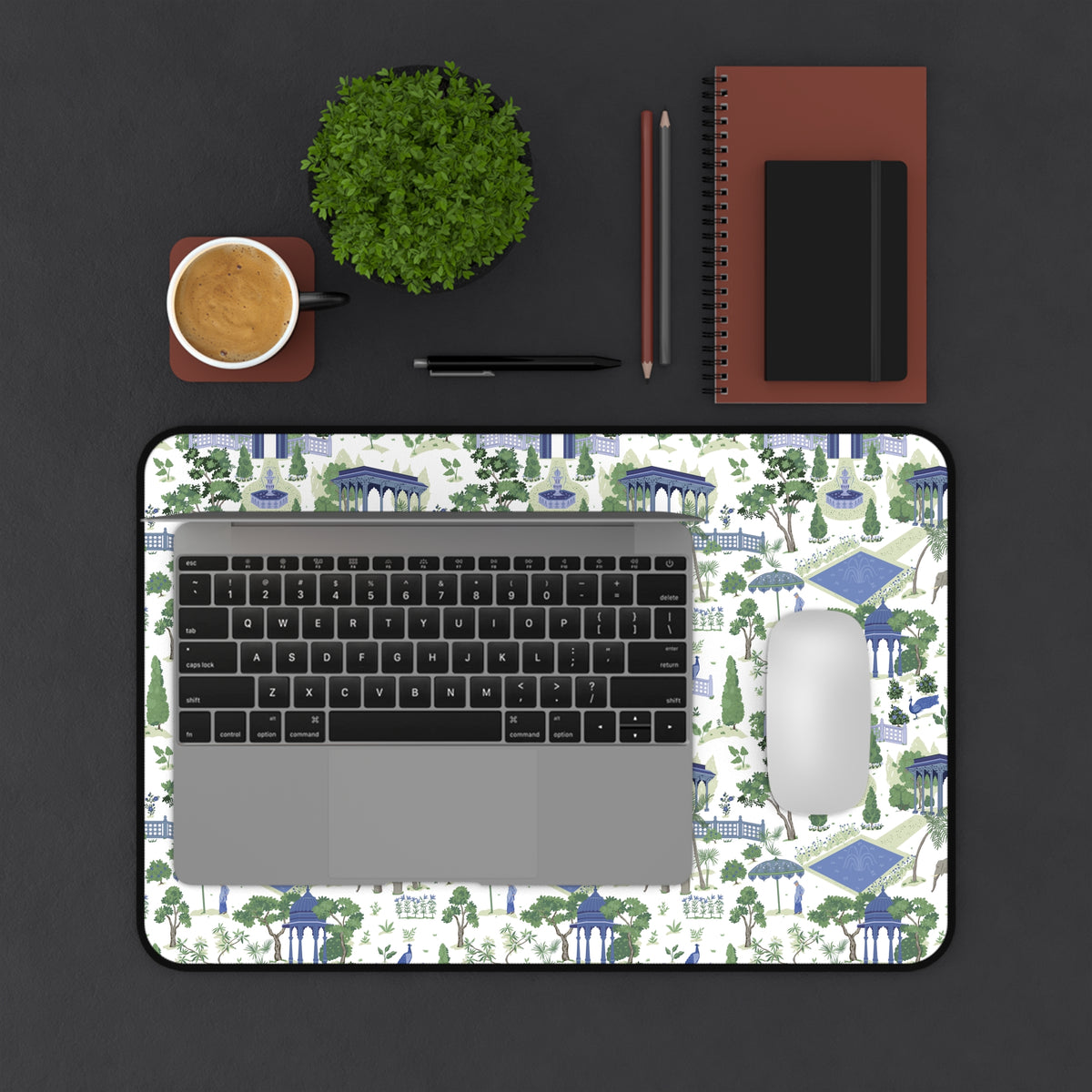 Garden Gazebo Desk Mat — Blue & Green Park Pattern Mouse Pad