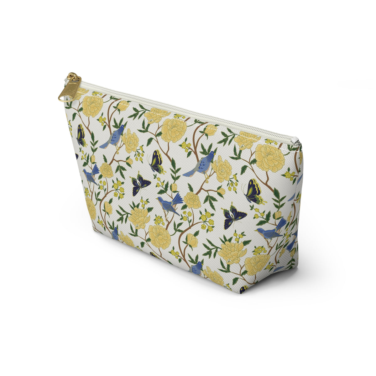 Floral Bird Accessory Pouch — Yellow Rose & Bluebird Cosmetic Bag