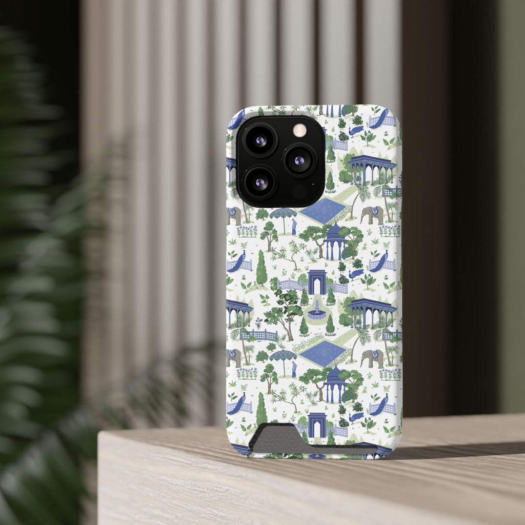 Garden Pavilion Cardholder Phone Case — Blue & Green Scenic Park Design
