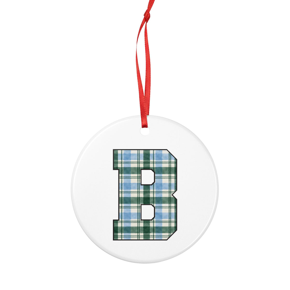 Plaid Monogram 'B' Ceramic Ornament — Personalized Holiday Tree Decoration