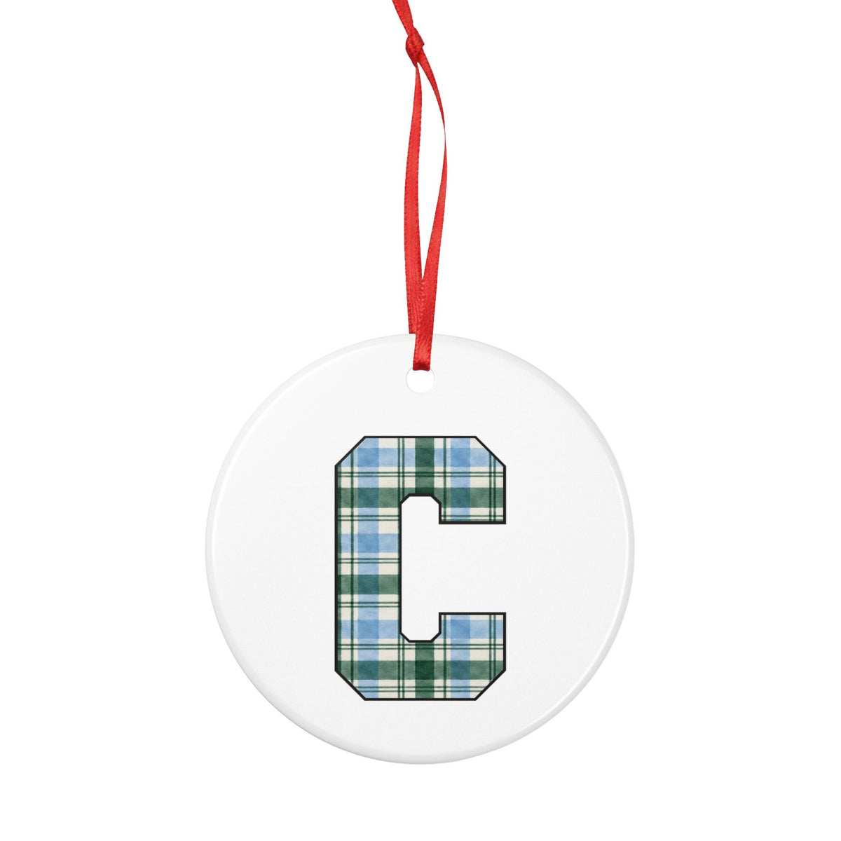 Plaid Monogram 'C' Ceramic Ornament – Personalized Holiday Initial Decoration