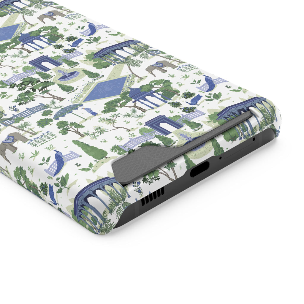 Garden Pavilion Cardholder Phone Case — Blue & Green Scenic Park Design