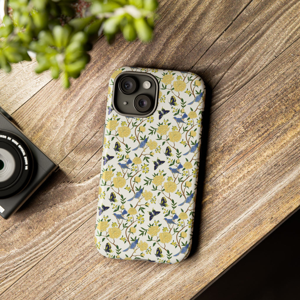 Floral Bird Tough Phone Case — Yellow Rose Pattern, Slim Protective iPhone Cover