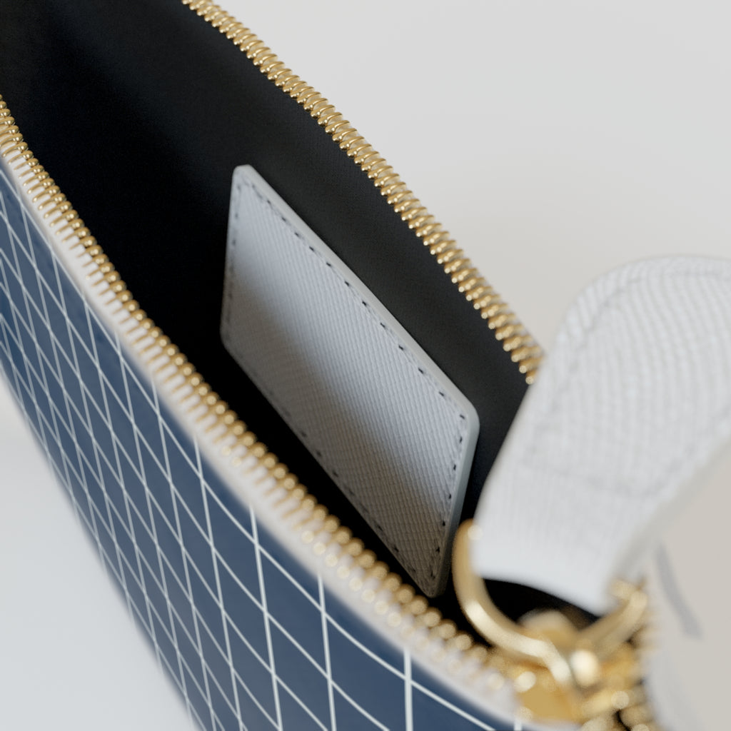 Navy Grid Mini Clutch Bag — Simple Check Wrist Pouch for Cards & Essentials