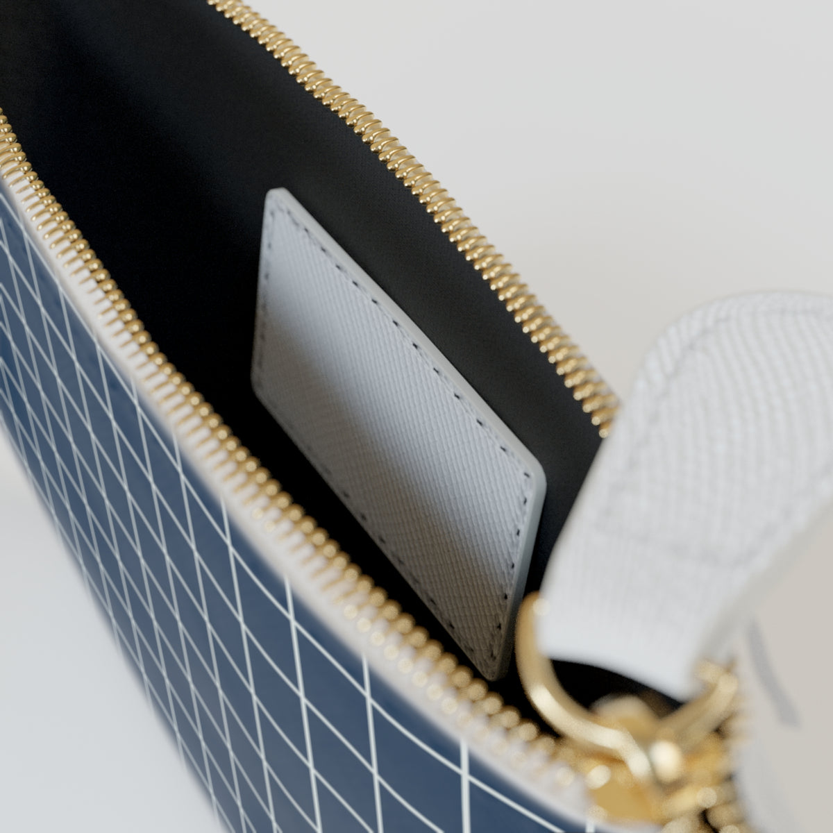 Navy Grid Mini Clutch Bag — Simple Check Wrist Pouch for Cards & Essentials