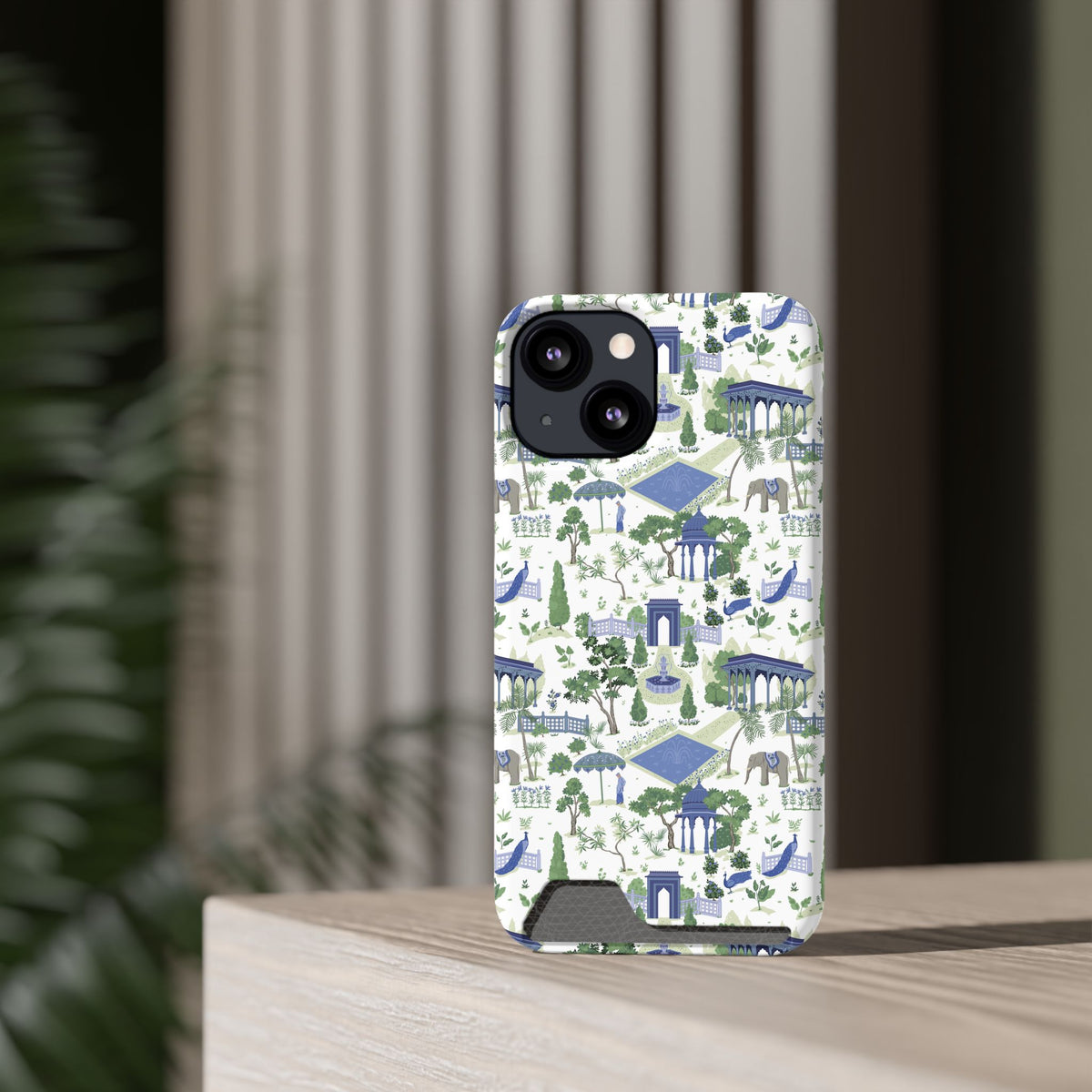 Garden Pavilion Cardholder Phone Case — Blue & Green Scenic Park Design
