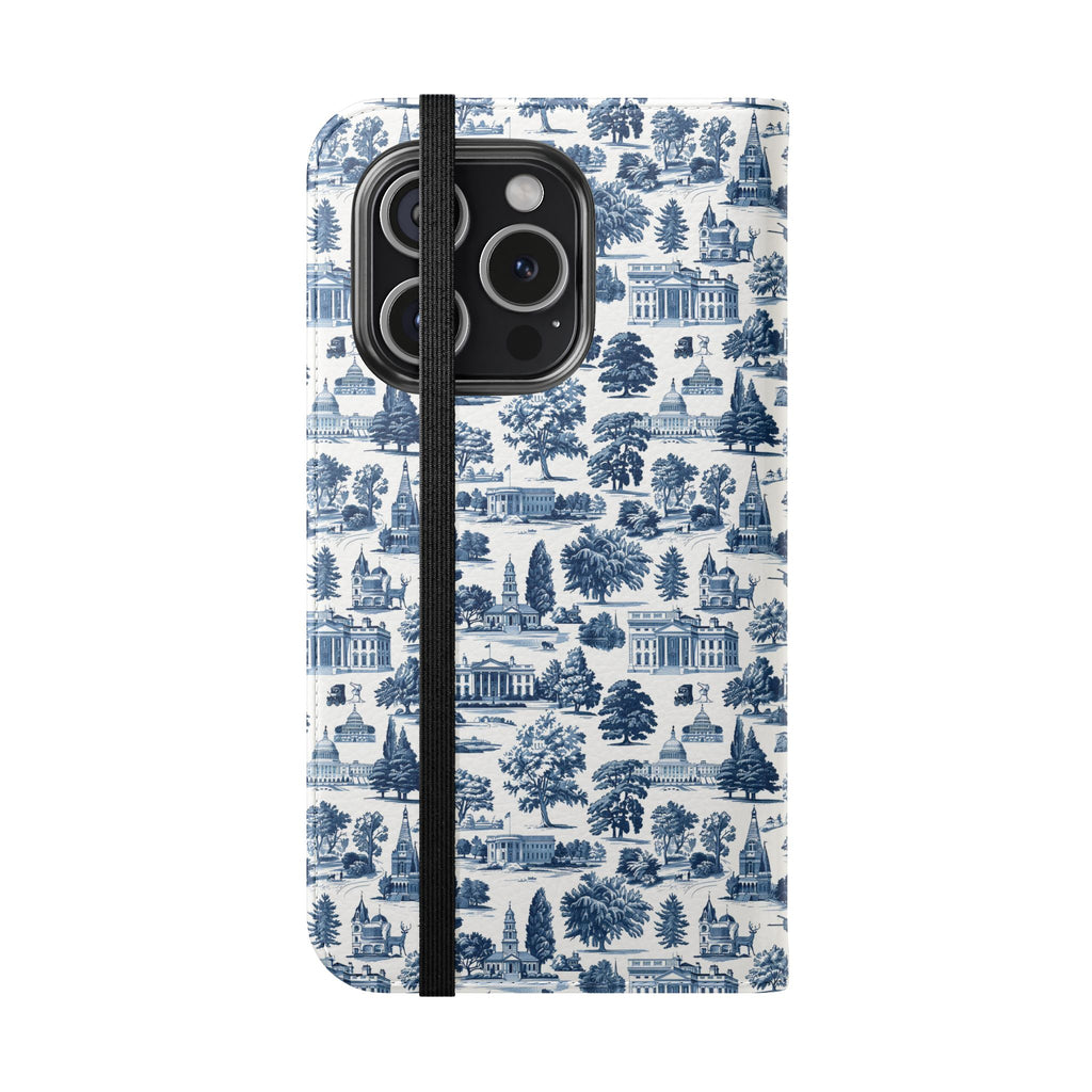 Vintage Toile Flip Phone Case — Blue Scenic Wallet Cover with Card Slots